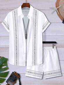 Manfinity RSRT 男士休闲几何印花短袖衬衫和短裤套装，夏季 - 彩色 - 查看 3