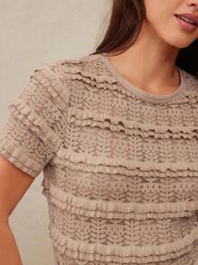 WESTFADE Country Western Cowgirl Spring Floral Ruffle Lace Crewneck Fitted Sheer T-Shirt Cute Summer Top - Brown - View 5