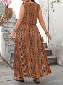 SHEIN Holidaya Plus Size Women Sleeveless Drawstring Waist Black & Apricot Midi Dress, Cooling Dress, Stress Relief Outfit, Elegant Fashion Evening Long Gown, Summer Outfits For Women, St. Patrick's Day, Rave Outfits, Spring Break Outfits, Boho