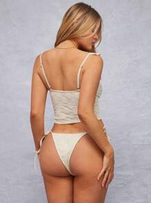 WESTFADE Floral Jacquard Knit Ruffle V Neck Tankini Bikini Top Spring Summer Vacation - Beige - View 3