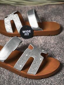 SHUZIA Wide-Fit Women's Color Matching H-Shape Adjustable Band Fashionable & Comfortable Flat Sandals For Daily Wear - Metallic Silver - View 4