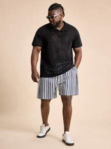 EASEVO Plus Size Men's Casual Jacquard Bamboo Shadow Black Short Sleeve Polo Shirt