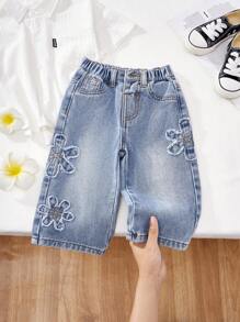 SHEIN Pantaloni larghi in denim blu stile retrò con motivo floreale e frange per bambine