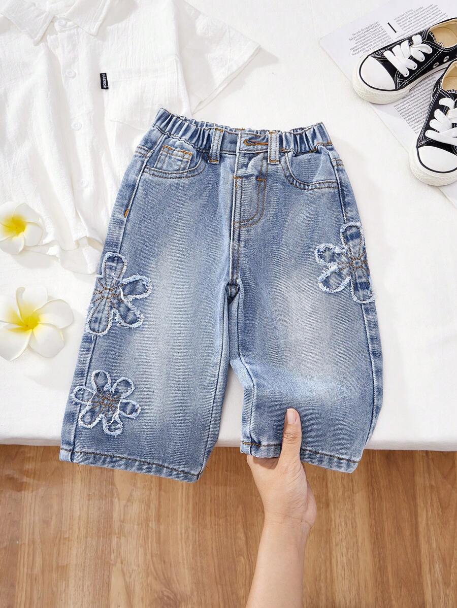 SHEIN Pantaloni larghi in denim blu stile retrò con motivo floreale e frange per bambine