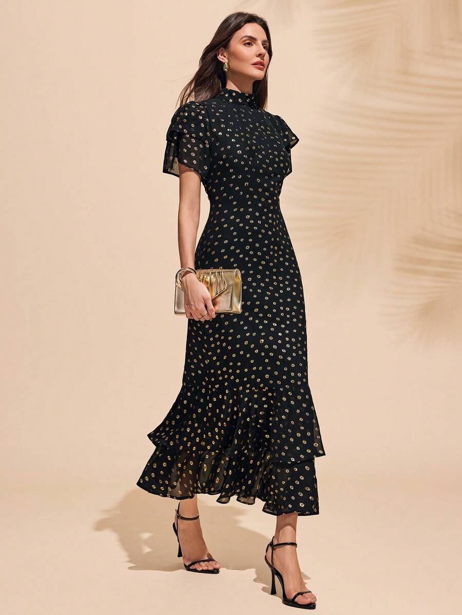 SHEIN Raffinéa Gaun Hitam Berkilau Emas Elegan untuk Wanita, Gaun Musim Panas Modis dengan Ruffle dan Polkadot, Leher Tinggi - Hitam dan emas - View 1