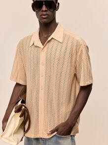 Ontre 2025 Summer Men's Solid Color Button Front Short Sleeve Shirt, Casual Suitable For Beach, Daily Wear, Music Festival, Vacation - Khaki - View 1