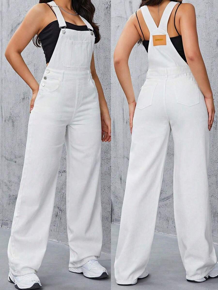 SHEIN ICON 休閒純色拼接口袋牛仔背帶褲 - 白色 - 查看 1