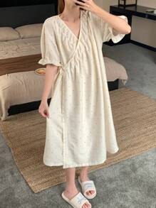 DAZY Polka Dot Print Ruched Design Wrap Loose Women's Bathrobe - Beige - View 1