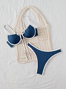 SHEIN Women's Contrast Trim Swimsuit Set, For Beach & Holiday For Summer Beach Vacation