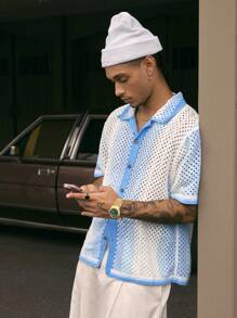 AXEPEAK Color Block Square Neck Short Sleeve Knit Cardigan Top For Men - Baby Blue - View 5