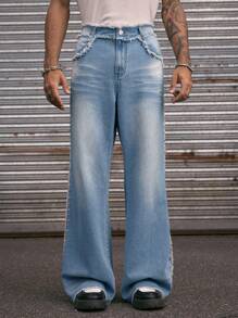 AXEPEAK Multi Size Fashion Street Style Distressed Wide Leg Straight Fit Men's Jeans, Streetwear Essential