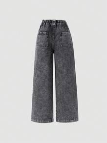 Denimly 复古休闲都市学院风水洗深蓝色阔腿 7/8 牛仔裤，松紧腰带和磨损下摆 - 黑色 - 查看 2