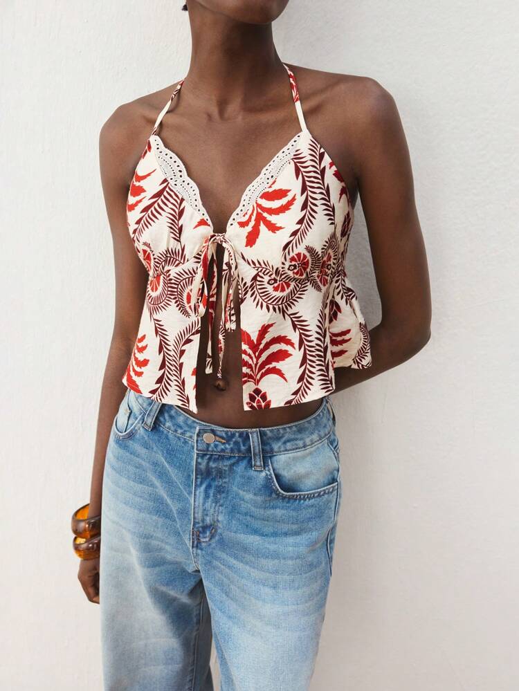 SHEIN Maija Women's Red Floral Printed Front Tie Knot Halter Neck Backless Casual Beach Vacation Crop Top, Summer