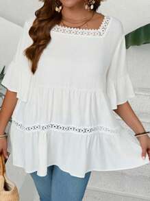 EMERY ROSE Plus Size Women Summer White Lace Patchwork Loose Fit Tunic Dressy Blouse Shirt, Summer Holiday,Vacation Outfits Women,Simple And Fashionable For Everyday Wear,Gifts For Mother,Vacay Vibes,Springbreak,Casual Wear SS,Bohemia - White - View 2