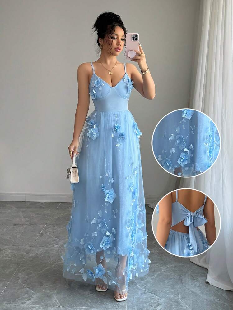 Rafferiza Vestido largo de malla con flores románticas para mujer, adecuado para cumpleaños, atuendo de invitada de boda, vestido de novia - Azul - Añade 1