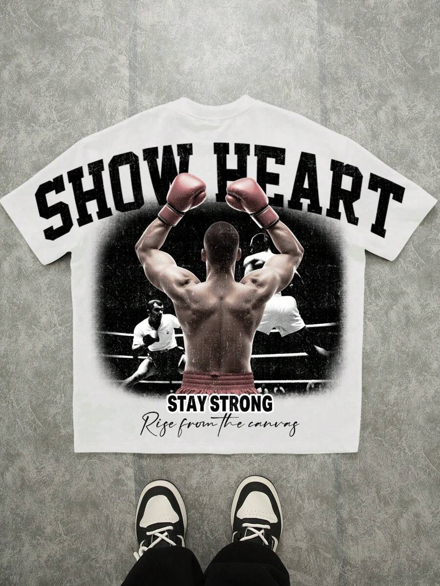 Manfinity EMRG Street Style Oversized Boxing Champion Graphic T-Shirt, Men's Graphic Shirt, Streetwear Shirt - White - View 1