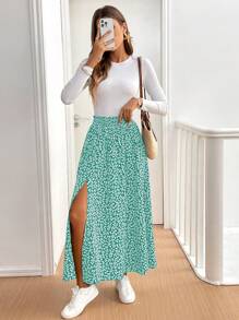 SHEIN Frenchy Damska spódnica z falbanką i drobnymi kwiatowymi zdobieniami, modna na lato - Zielony - Zobacz 4