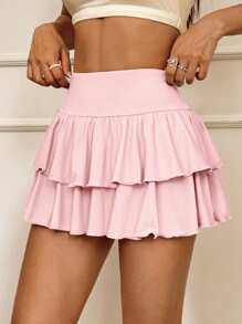 SHEIN EZwear 女士黑色双层荷叶边下摆A字短裙，适合夏季外出穿着 - 粉色 - 查看 3