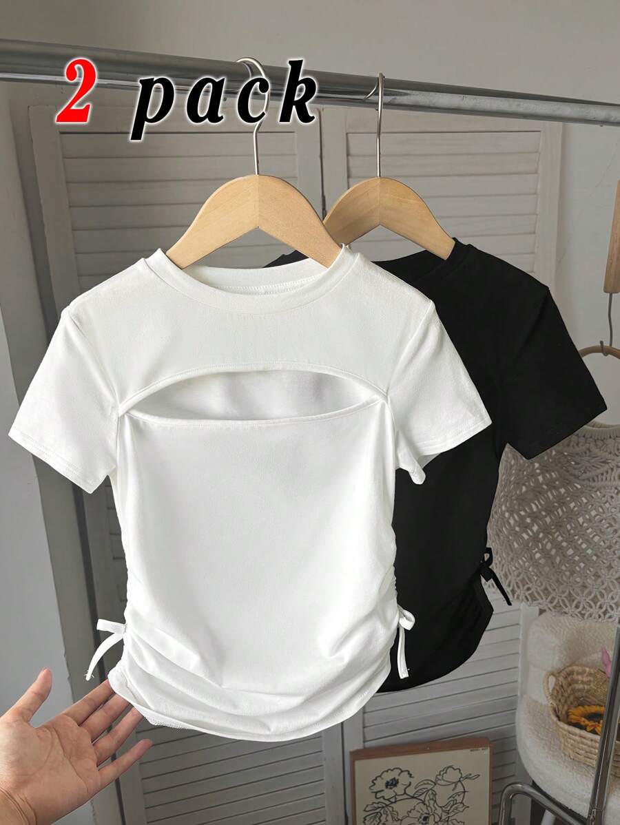 2pcs Tween Girl Casual Cutout Ruched Bowknot Hem Cropped T-Shirt, Short Sleeve Top, Back To School - Multicolor - View 1