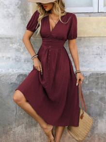 SHEIN Clasi Women's Cinched Waist Puff Sleeve Textured Long Dress - Burgundy - View 3