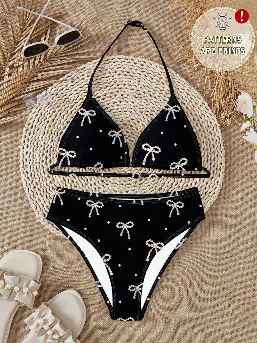 SHEIN Leap Crew 青少年女孩休闲简约波尔卡圆点和蝴蝶图案黑色吊带背心和紧身裤泳衣套装，适合夏季