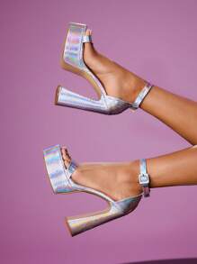 CUCCOO LuxiPop Women's Square Toe Thick Platform Strap Metal Decor High Heel Sandals, Fashion Minimalist Style, Suitable For Going Out, Nightclub, Party, Halloween, Christmas, New Year - Multicolor - View 4