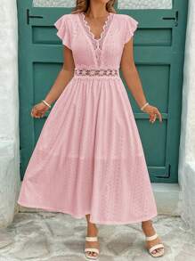 Vestido de primavera/verano para mujer de talla, vestido corte evasé con mangas de campana, cuello y cintura con encaje elástico jacquard blanco, vestidos de verano para mujer, vestido fluido - Rosa - Ver 6