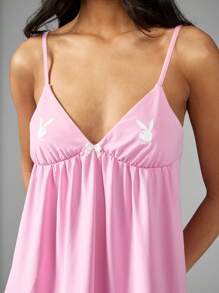 Missguided x Playboy Camisón de cintura alta con logo de conejo, camisón, lencería, vestido de dormir con tirantes ajustables para uso doméstico