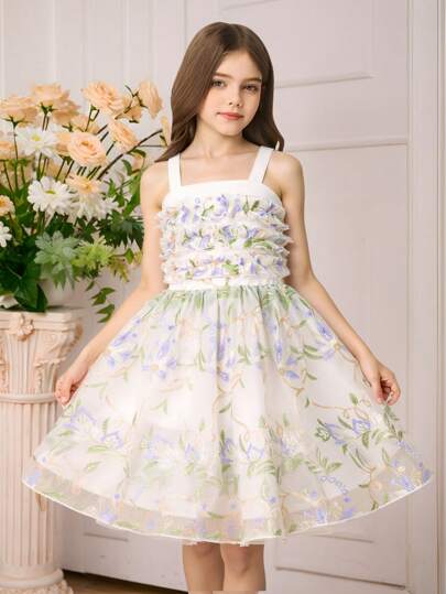 SHEIN Glamorique Kids Girls Embroidered Mesh Spaghetti Strap Summer Outfit, Lace Trim Camisole Top, Sweet & Adorable, Suitable For Parties, Gatherings, And Everyday Wear Young Girls Clothing Dresses  Young Girls Dresses Formal