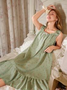 CottageSlumber 浪漫碎花荷叶边方领长款睡袍娃娃裙女式睡衣春秋连衣裙女士休闲连衣裙完美夏日，Moo Moo 丰富的花卉图案，舒适优雅的细节 - 綠色 - 查看 3