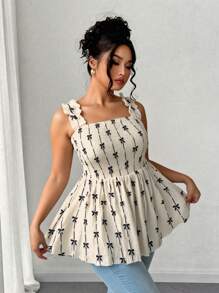 Elenzga Plus Size Women Textured Floral Print Romantic Gathered Shirred Ruffle Trim Spaghetti Strap Fitted A-Line Swing Camisole, Elegant Holiday Camisole - Beige - View 3