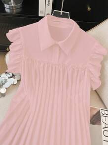 SHEIN LUNE 法式简约时尚 Polo 领白色雪纺衬衫 - 粉色 - 查看 3