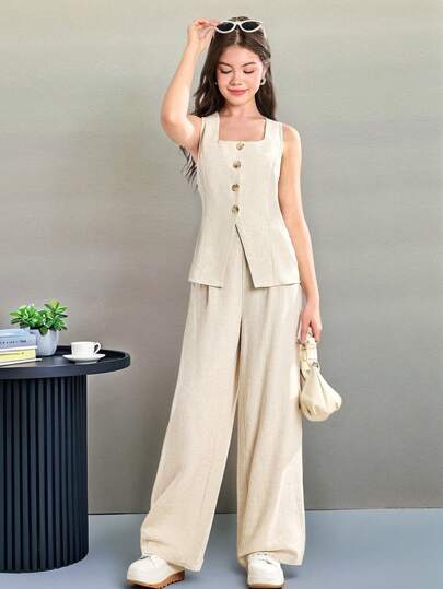 SHEIN 少女浅杏色纯色休闲街头时尚优雅纯色方领无袖上衣和直筒裤套装，适合春夏、节日、派对、早午餐等场合。