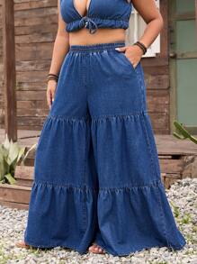 EMERY ROSE Plus Size Loose Fitting Versatile Tiered Denim Pants - Dark Wash - View 6