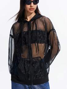 LYSMO Unisex Sheer Open Front Hoodie Sweatshirt, Fashionable And Forward-Looking, Spring/Summer - Black - View 6