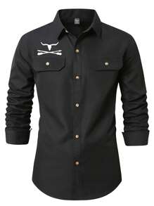 Manfinity Nomadique 男士西部牛仔风格长袖衬衫，西部衬衫，秋季