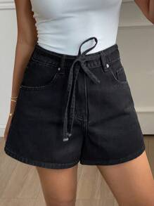 Livesso Shorts vaqueros de tiro alto y corte holgado con cintura anudada, shorts vaqueros de verano - Negro - Ver 1