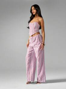 MISSGUIDED Stripe Wide Leg Trousers With Drawstring Christmas - Red - View 5