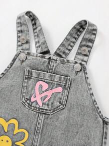 Baby Girl Washed Denim Bib Overall, Loose Fit All-In-One Printed Long Pants - Light Grey - View 4