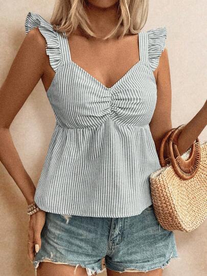 Poéselle Linen Texture Striped Printed Butterfly Cap Sleeve Top With Chest Pleats And Loose Fit, Summer Solid Color, Summer Vacation Season, Comfy Top, Boho, Mom, Bathing Suit Tops