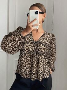 SHEIN Frenchy 女式豹纹扭纹V领长袖休闲衬衫 - 彩色 - 查看 6