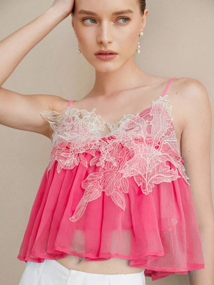 BELROSIE Elegant Lady-Like High-End Embroidered White Chiffon Camisole, Fashionable, Suitable For Valentine's Day Baby Pink - Pink - View 1