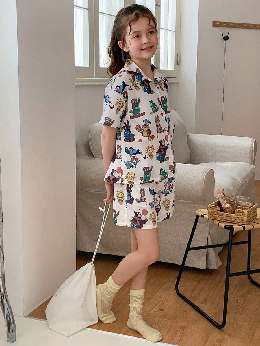 DAZY Tween Girls Fall Print Collared Top + Shorts Home Outfit, Summer, Back To School Clothes - White - View 1