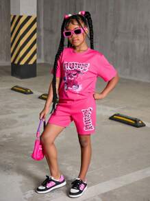 SHEIN 6pcs/Set Girls Casual Street Style Bear Racing Car Letter Graphic Print Short Sleeve Top And Shorts 2 Pieces Set