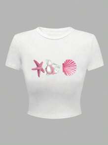 SHEIN Teen Girl Shell Print White Cropped Skinny T-Shirt - White - View 4