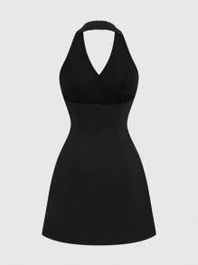 Flirla Plus Size Summer Solid Color Casual Sleeveless Halter Neck Dress - Black - View 2