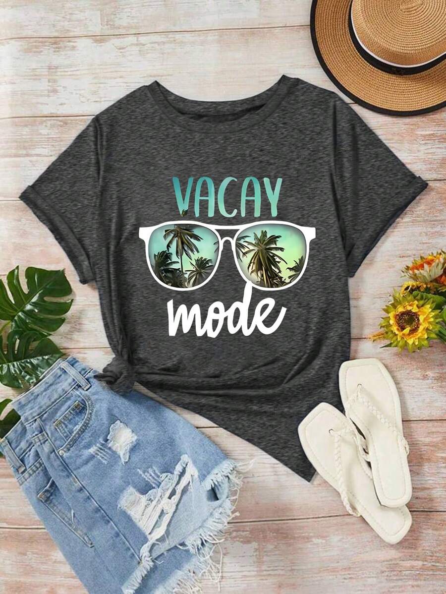 SHEIN EZwear Plus Size Letter Print Round Neck Short Sleeve T-Shirt, Suitable For Summer - Dark Grey - View 1