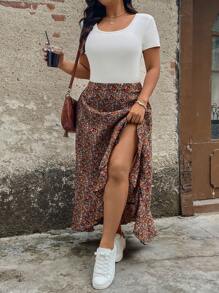 SHEIN LUNE Plus-Size Floral Print Short Mother'S Day Gift Front Long High Waisted Renaissance Fair Casual Holiday Skirt Bohemia Women Skirt Sun For Women - Multicolor - View 6