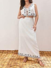 Maija Plus Size Women's Seaside Vacation Shell Starfish Print Sleeveless Strappy Vest, Elastic Waist Printed Skirt, Elegant And Fashionable Bohemian Beach Vacation Style Casual Loose Two Pieces Suit,White Classy Elegant,Vacation Outfits Woman,Summer Outfits For Women,Crop Tops Women,Vacation Two Pieces Set,Hawaii Outfits Women