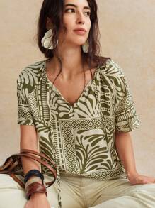 Écloséra Blusa da donna vintage di stile francese con stampa floreale e laccetto in vita
